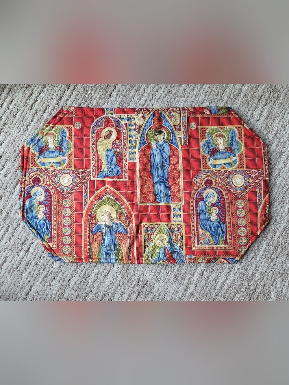 Christmas Themed Placemats Set of 4 Cathedral Style Angels Virgin Red Mary Jesus
